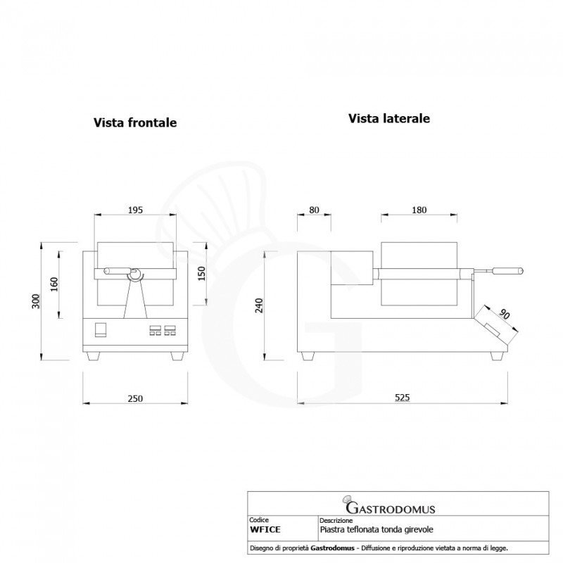 Piastra teflonata tonda, girevole, singola, per panino salato e panino gelato - potenza 1100 w - vista frontale e laterale