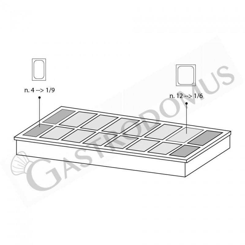 Vaschette GN con coperchi per vasca refrigerata n. 12 vaschette da 1/6 + n. 4 vaschette da 1/9 Vaschette GN con coperchi per vasca refrigerata n. 12 vaschette da 1/6 + n. 4 vaschette da 1/9