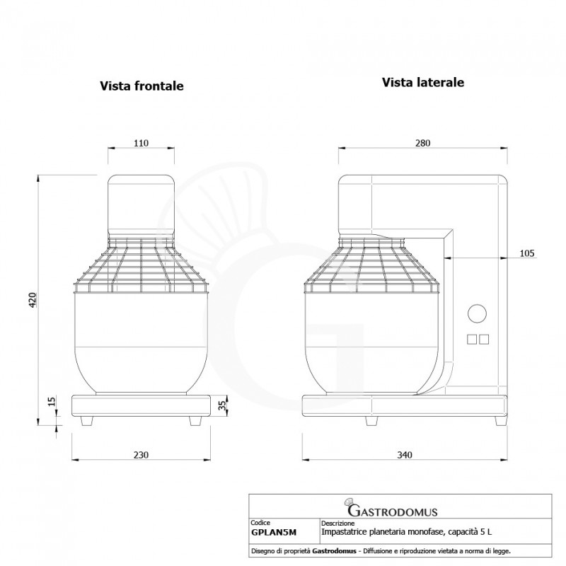 Impastatrice planetaria vasca estraibile monofase capacità 5LT - vista frontale e laterale