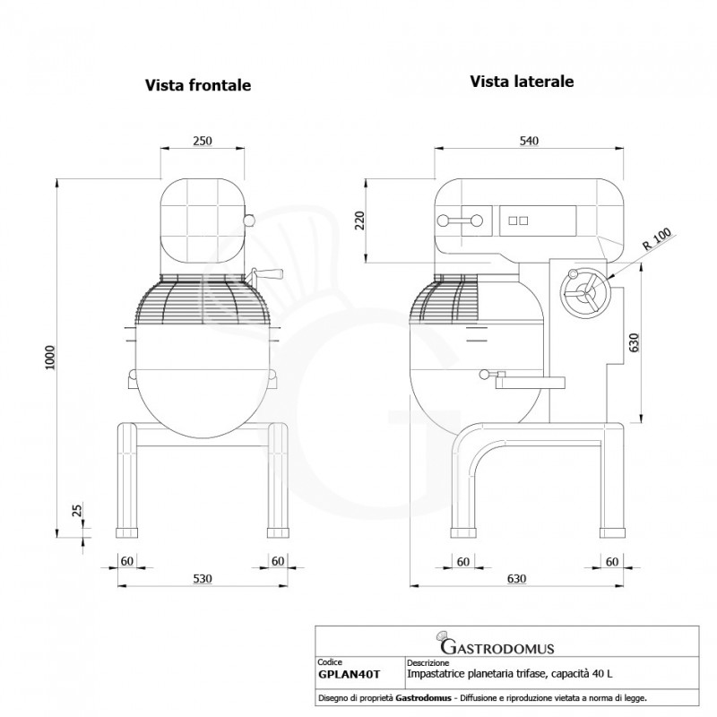 Impastatrice planetaria vasca fissa trifase 3 velocità capacità 40 L - vista frontale e laterale
