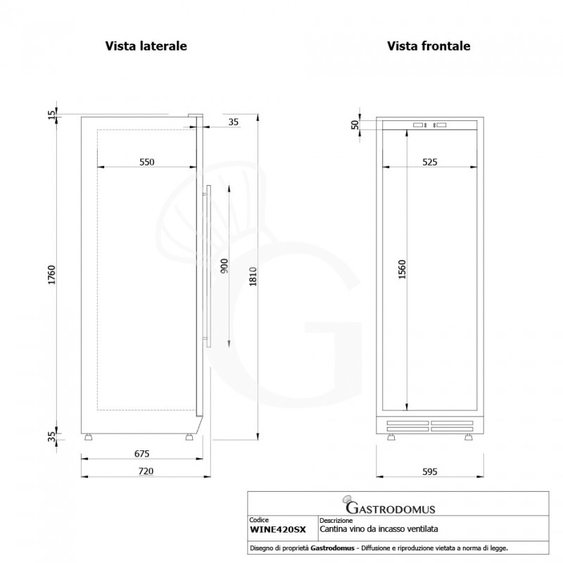 Cantina Vino da incasso Ventilata porta inox 420 LT 15 ripiani 155 bottiglie +5°C/+22°C - vista frontale e laterale