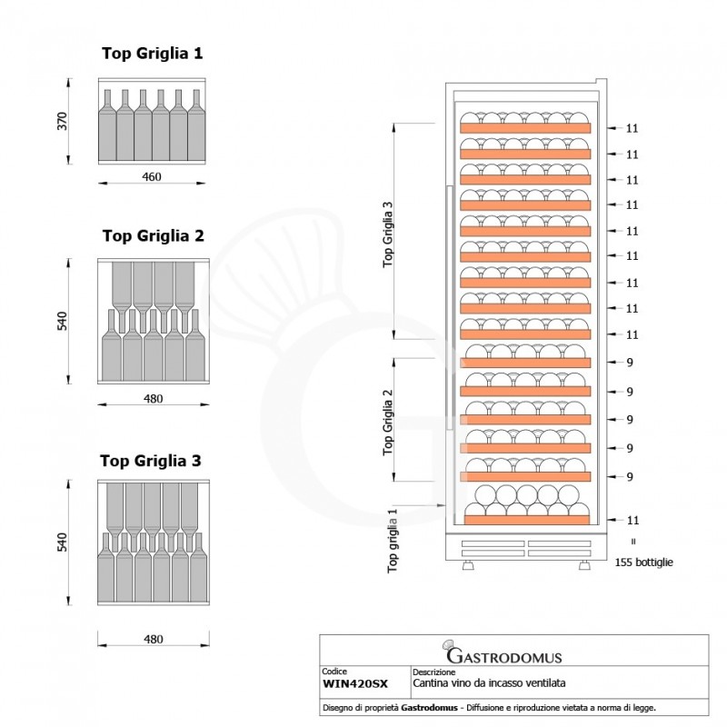 Cantina Vino da incasso Ventilata porta inox 420 LT 15 ripiani 155 bottiglie +5°C/+22°C