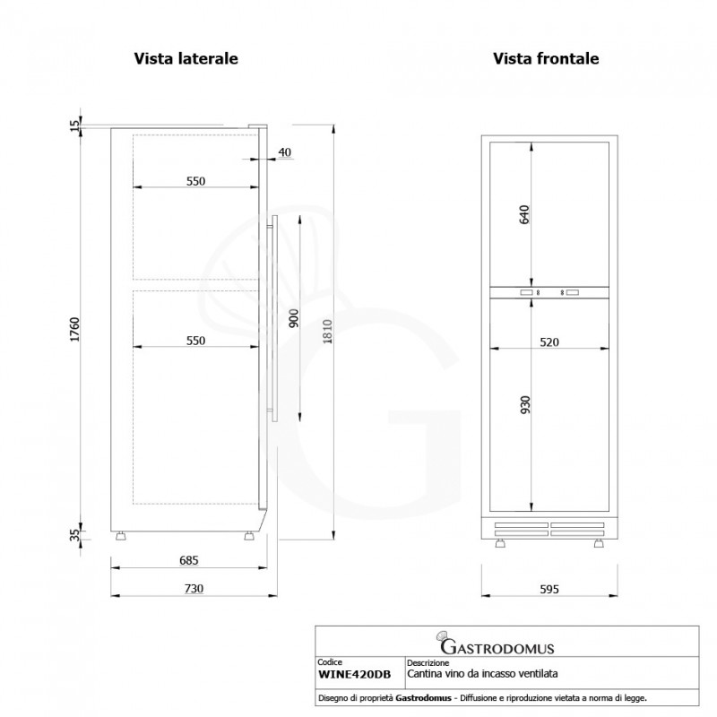 Cantina Vino da incasso Ventilata doppia temperatura 420 LT 15 ripiani 165 bottiglie +5°C/+22°C - vista frontale e laterale