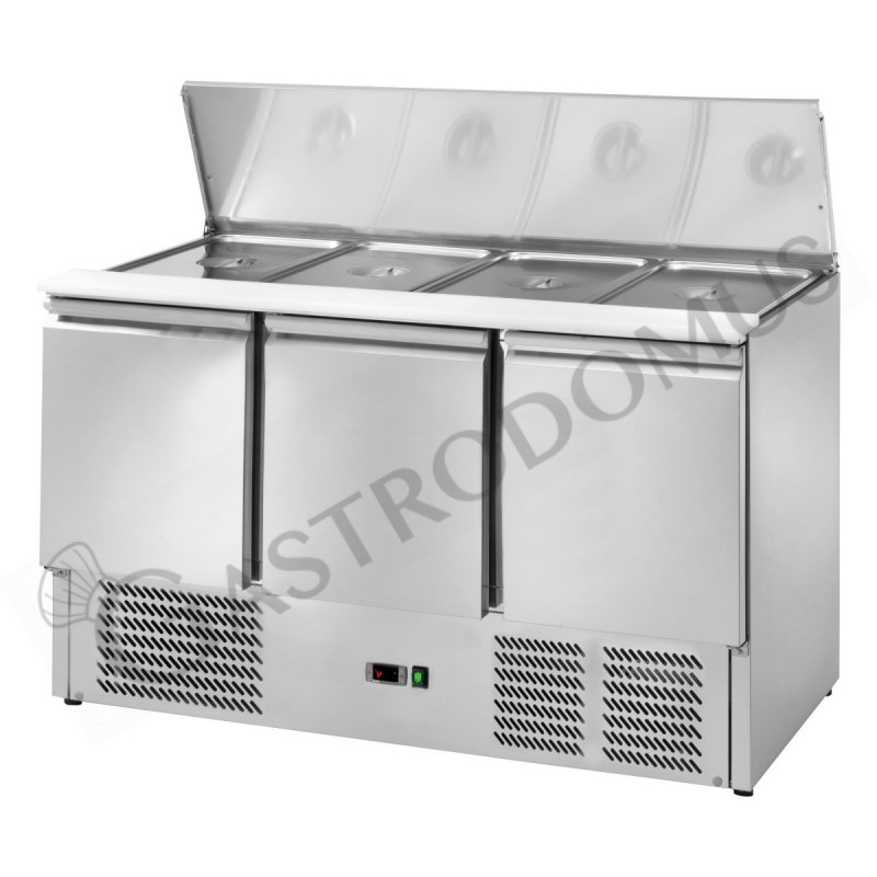 Saladette inox per 4 bacinelle GN1/1, 3 porte, coperchio in acciaio inox e piano di lavoro in polietilene