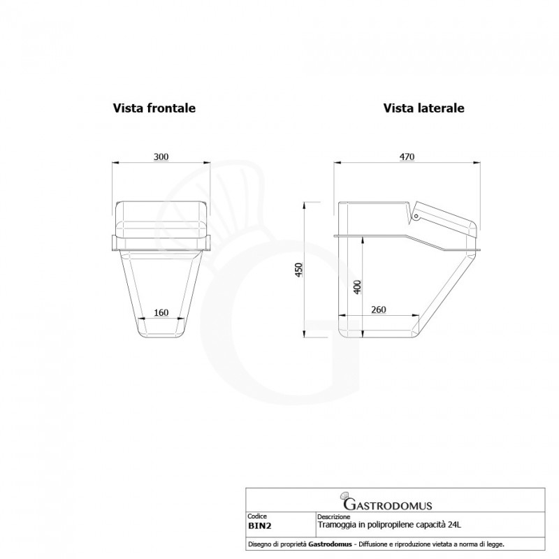 Tramoggia in polipropilene da scaffale capacità 24 L - L 470 mm x P 300 mm x H 450 mm - vista frontale e laterale