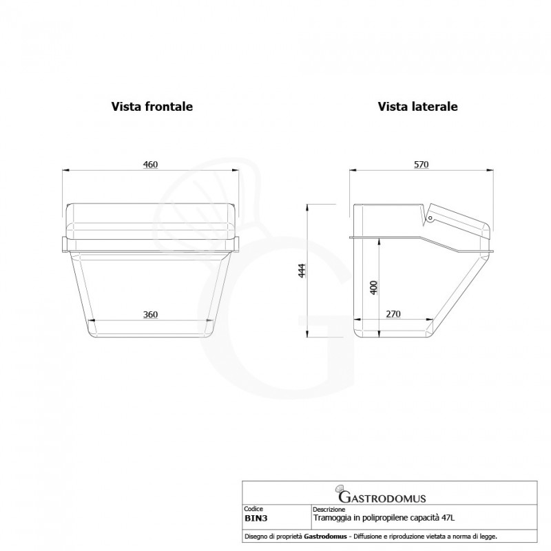 Tramoggia in polipropilene da scaffale capacità 47 L - L 570 mm x P 460 mm x H 444 mm - vista frontale e laterale