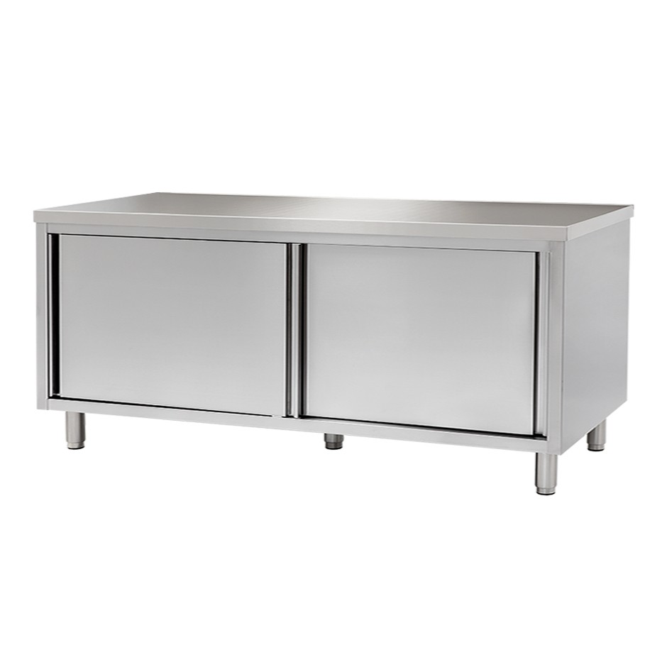 Tavolo armadiato in inox 2 porte scorrevoli, misure 1900x700mm