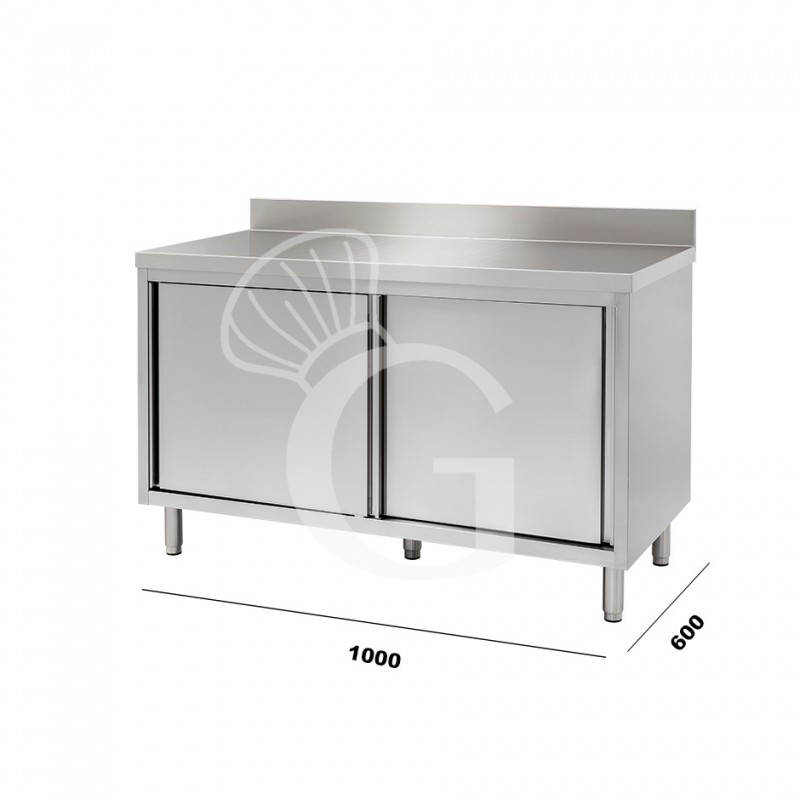 Stainless steel cabinet table with 2 sliding doors and splashback, 1000x600