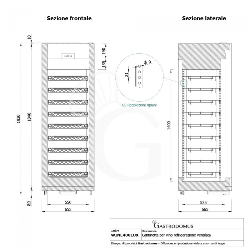 Cantinetta per vino refrigerazione ventilata struttura in acciaio vetro curvo 81 bottiglie +5°C/+18°C - vista frontale