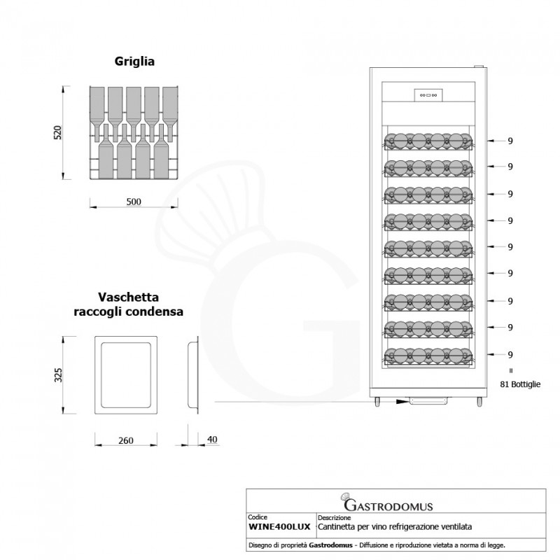Cantinetta per vino refrigerazione ventilata struttura in acciaio vetro curvo 81 bottiglie +5°C/+18°C