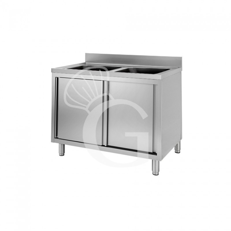 Lavello armadiato con porte scorrevoli, 2 vasche, alzatina, L 1100 mm x P 700 mm x H 950 mm
