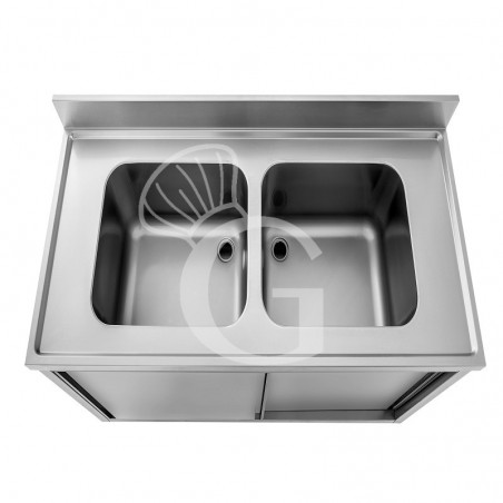 Lavello inox armadiato con porte scorrevoli, 2 vasche, alzatina, L 1300 mm x P 700 mm x H 965 mm - con foro rubinetto Ø 32 mm Lavello inox armadiato con porte scorrevoli, 2 vasche, alzatina, L 1300 mm x P 700 mm x H 965 mm - con foro rubinetto Ø 32 mm