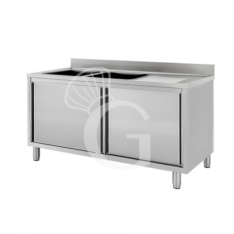 Lavello armadiato con porte scorrevoli,2 vasche,gocciolatoio a destra,L 1900 x P 700 x H 950 mm
