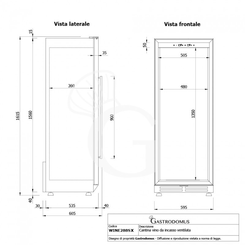 Cantina Vino da incasso Ventilata porta inox 288 LT 9 ripiani 97 bottiglie +5°C/+22°C - vista frontale e laterale