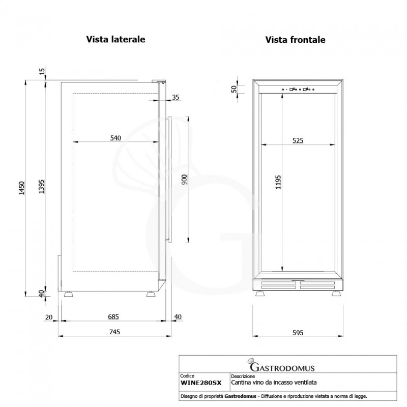 Cantina Vino da incasso Ventilata porta inox 280 LT 11 ripiani 111 bottiglie +5°C/+22°C - vista frontale e laterale