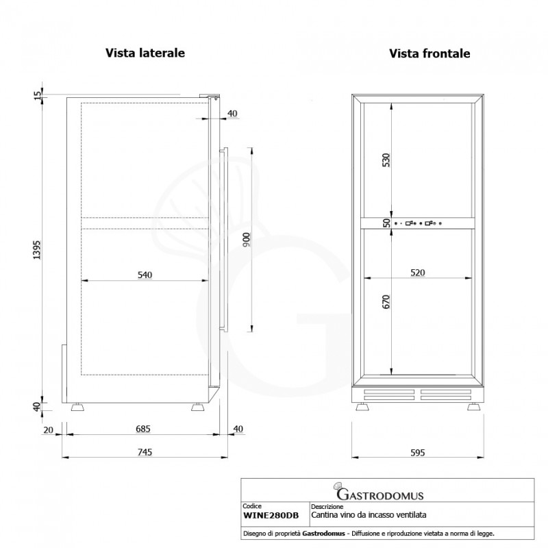 Cantina Vino da incasso Ventilata doppia temperatura 280 LT 11 ripiani 121 bottiglie +5°C/+22°C - vista frontale e laterale