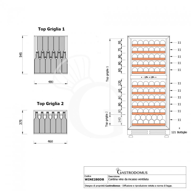 Cantina Vino da incasso Ventilata doppia temperatura 280 LT 11 ripiani 121 bottiglie +5°C/+22°C