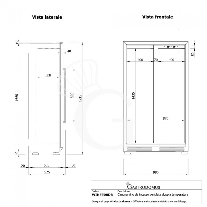 Cantina Vino da incasso Ventilata doppia temperatura 480 LT 18 ripiani 154 bottiglie +5°C/+22°C - vista frontale e laterale
