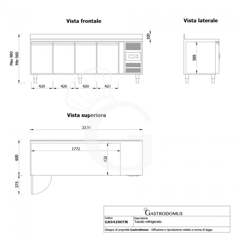 Tavolo Refrigerato 4 porte alzatina Prof. 600 mm -2°C/+8°C classe energetica D - Vista frontale laterale e dall'alto