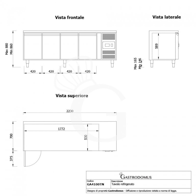 Tavolo Refrigerato 4 porte Prof. 700 mm -2°C/+8°C classe energetica E - Vista frontale, laterale e dall'alto