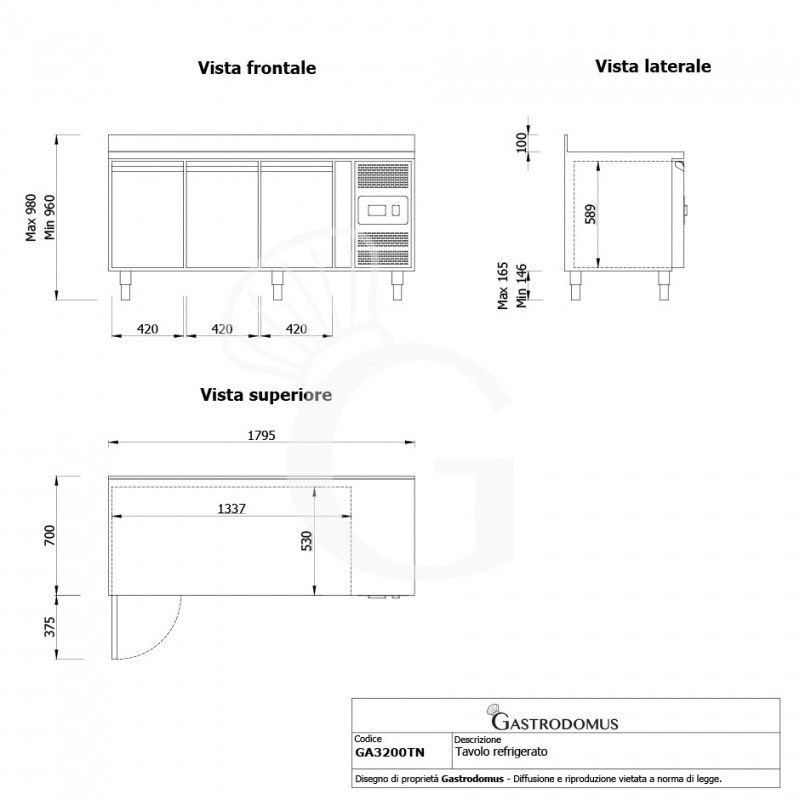 Tavolo Refrigerato 3 porte alzatina Prof. 700 mm -2°C/+8°C classe energetica E - Vista frontale, laterale e dall'alto