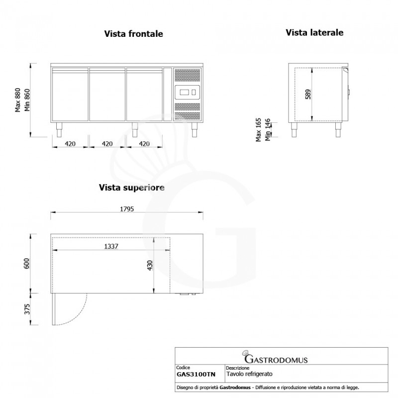 Tavolo Refrigerato 3 porte Prof. 600 mm -2°C/+8°C classe energetica E - Vista frontale, laterale e dall'alto