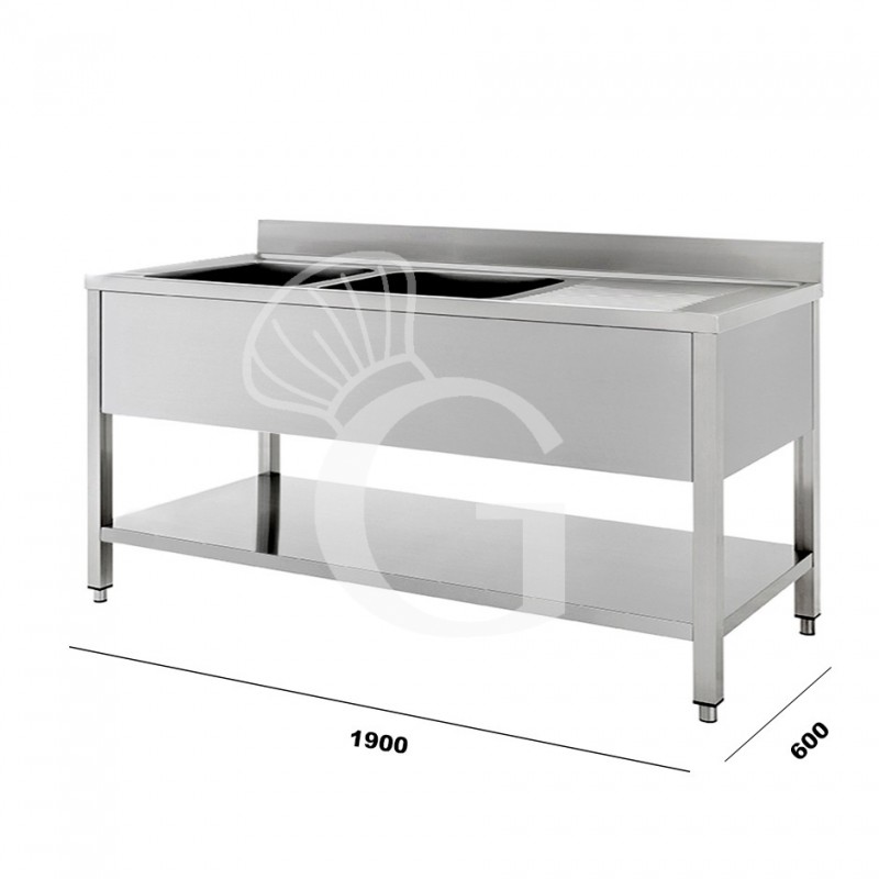 Lavello inox 2 vasche 1 gocciolatoio, misure 1900x600mm