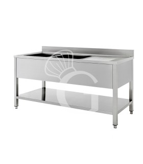 Lavello semplice con alzatina, 1 ripiano, 2 vasche, gocciolatoio a destra, L1900xP600xH950mm