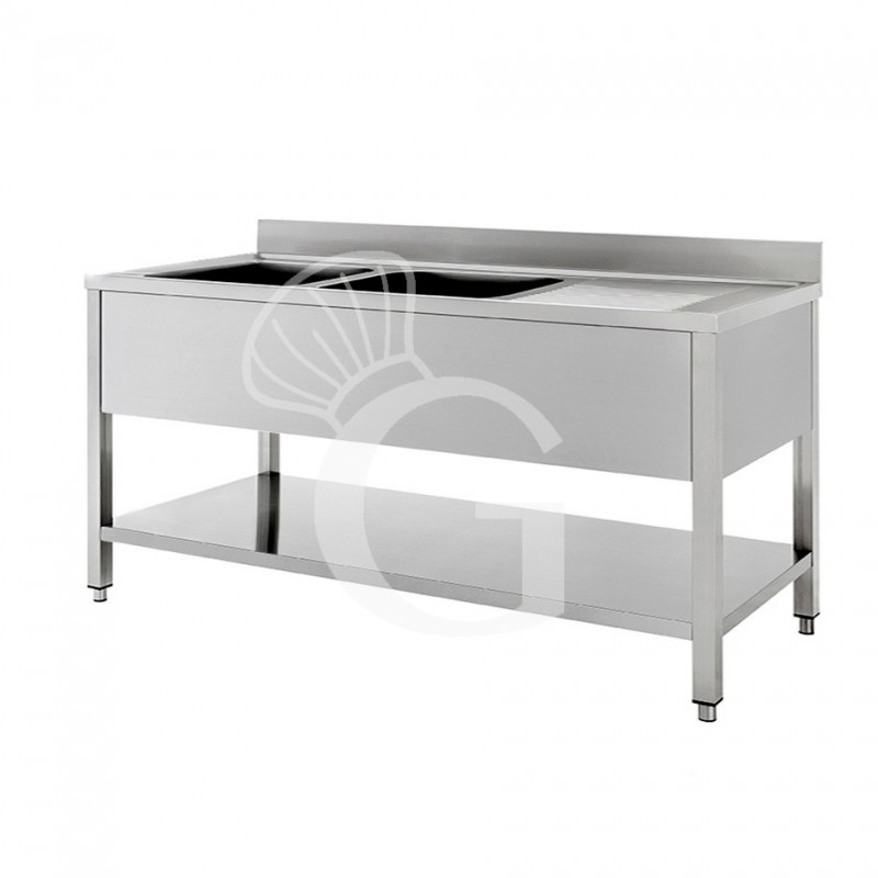 Lavello semplice con alzatina, 1 ripiano, 2 vasche, gocciolatoio a destra, L1900xP600xH950mm