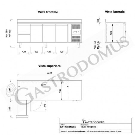 Tavolo Refrigerato 2 cassetti 3 porte 700 mm -2°C/+8°C alzatina per Gastronomia - Vista frontale, laterale e dall'alto Tavolo Refrigerato 2 cassetti 3 porte 700 mm -2°C/+8°C alzatina per Gastronomia - Vista frontale, laterale e dall'alto