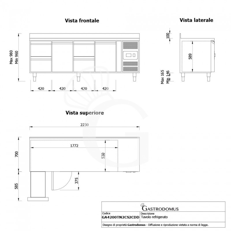 Tavolo Refrigerato 4 cassetti 2 porte 700 mm -2°C/+8°C alzatina per Gastronomia - Vista frontale e laterale