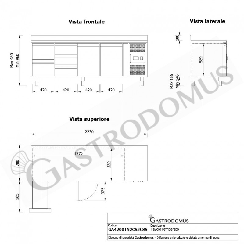 Tavolo Refrigerato 5 cassetti 2 porte 700 mm -2°C/+8°C alzatina per Gastronomia - Vista frontale e laterale