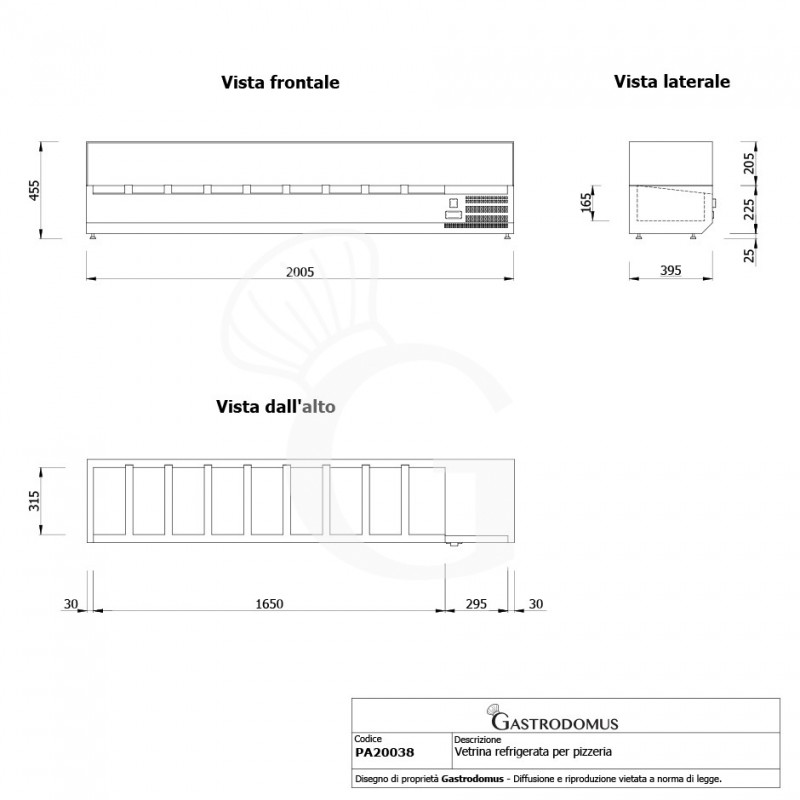 Vetrina refrigerata per pizzeria L 2000 mm per 9 bacinelle GN1/3 - Vista frontale e laterale