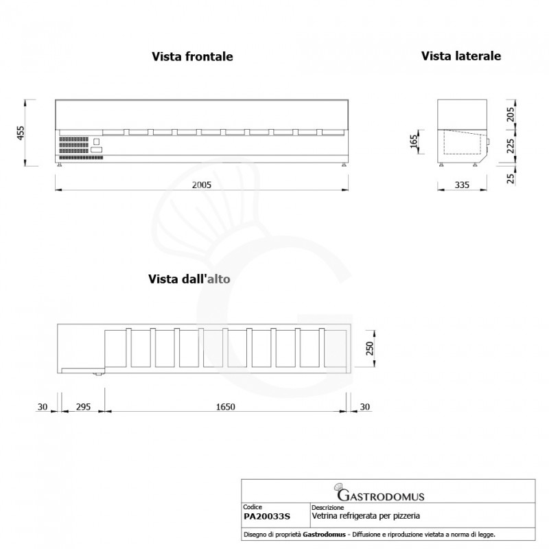 Vetrinetta refrigerata per pizzeria con motore a sinistra L 2000 mm per 10 bacinelle GN1/4 - vista frontale e laterale