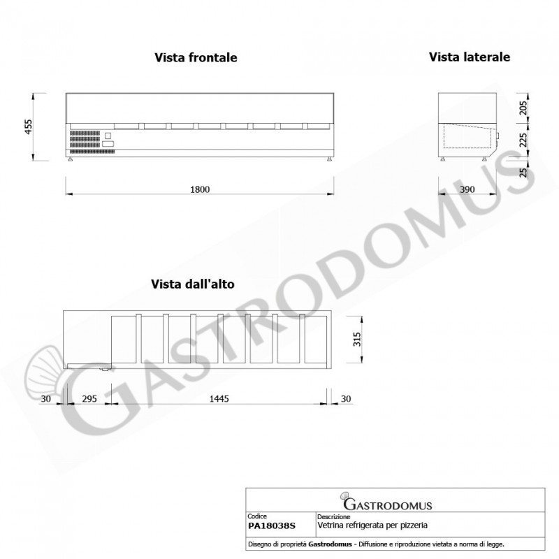 Vetrinetta refrigerata per pizzeria motore a sinistra L 1800 mm per 8 bacinelle GN1/3 - Vista frontale e vista laterale