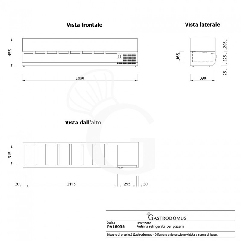 Vetrinetta refrigerata per pizzeria, lunghezza 180 cm, predisposta per 8 bacinelle GN1/3 - vista frontale e laterale