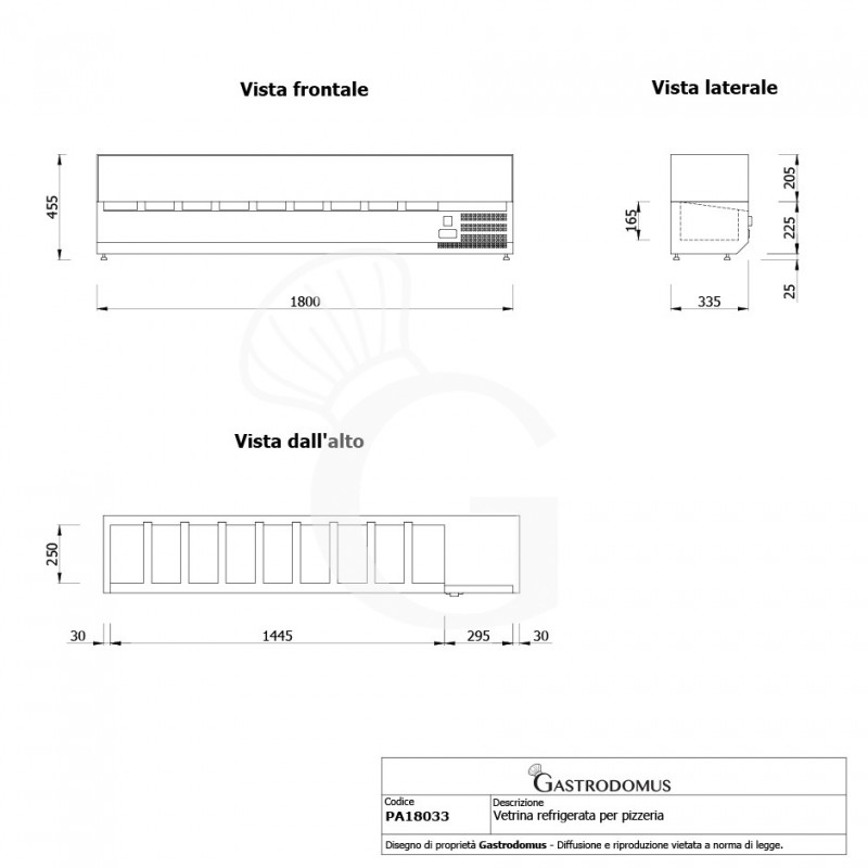 Vetrinetta refrigerata per pizzeria L 1800 mm per 8 bacinelle GN1/4 - Vista frontale e laterale