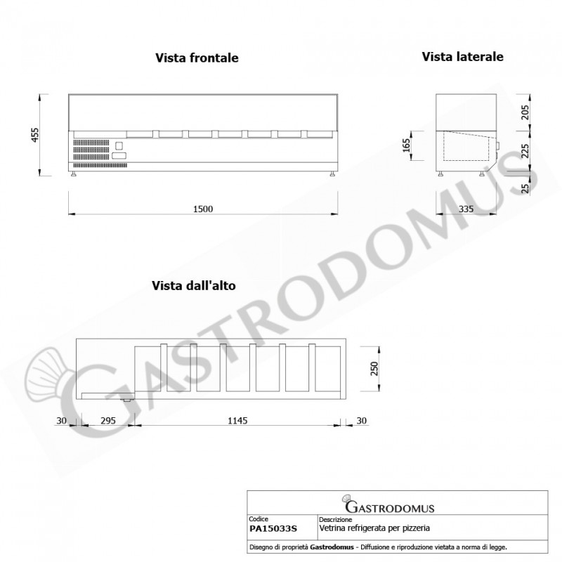 Vetrinetta refrigerata per pizzeria motore a sinistra L 1500 mm per 7 bacinelle GN1/4 - vista frontale e laterale
