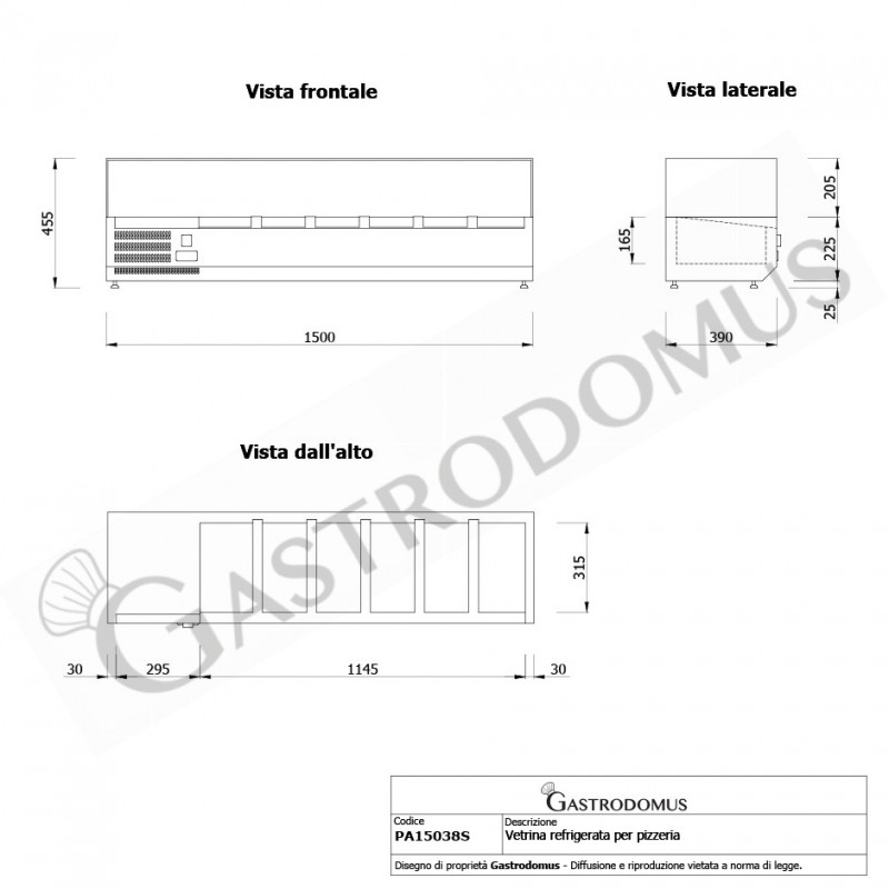 Vetrinetta refrigerata motore a sinistra L 1500 mm per 5 bacinelle GN1/3 + 1 bacinella GN1/2 - Vista frontale e laterale