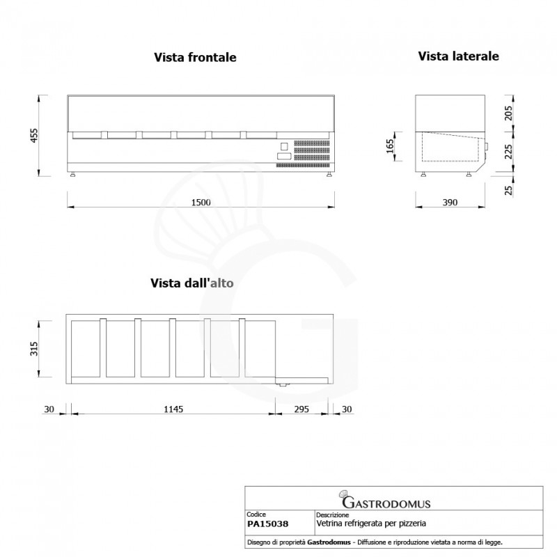 Vetrinetta refrigerata per pizzeria L 1500 mm per 5 bacinelle GN1/3 + 1 bacinella GN1/2 - vista frontale e laterale
