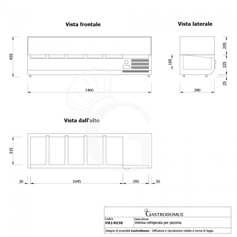 Vetrinetta refrigerata per pizzeria L 1400 mm per 4 bacinelle GN1/3 + 1 bacinella GN1/2 - Vista frontale e laterale