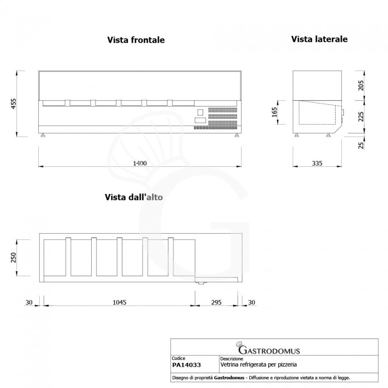 Vetrinetta refrigerata per pizzeria L 1400 mm per 6 bacinelle GN1/4 - vista frontale e laterale