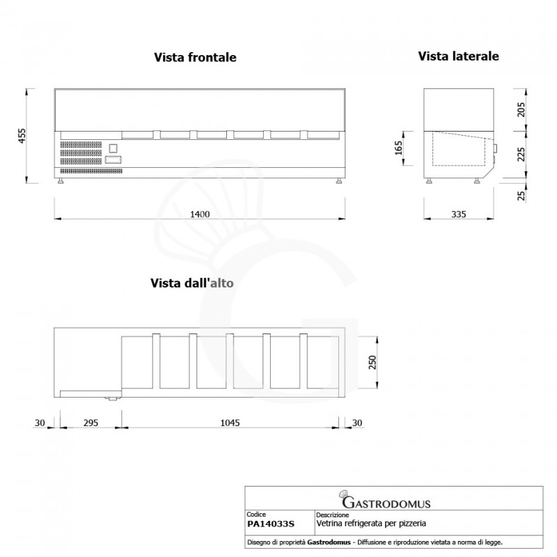 Vetrinetta refrigerata per pizzeria con motore a sinistra L 1400 mm per 6 bacinelle GN1/4 - vista frontale e laterale