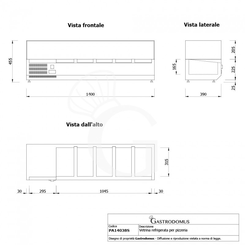 Vetrinetta refrigerata motore sinistra L 1400 mm per 4 bacinelle GN1/3 + 1 bacinella GN1/2 - vista frontale e laterale