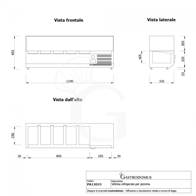 Vetrinetta refrigerata per pizzeria L 1200 mm per 5 bacinelle GN1/4 - Vista frontale e laterale