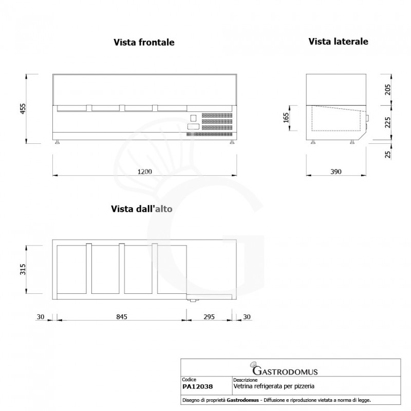 Vetrinetta refrigerata per pizzeria L 1200 mm per 3 bacinelle GN1/3 + 1 bacinella GN1/2 - vista frontale e laterale