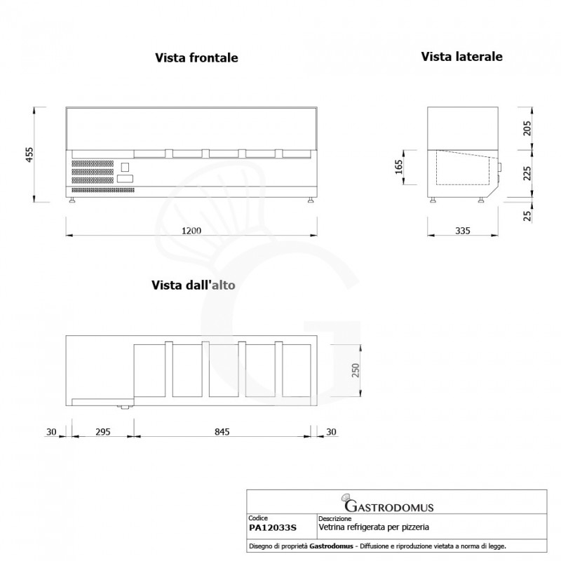 Vetrinetta refrigerata per pizzeria con motore a sinistra L 1200 mm per 5 bacinelle GN1/4 - vista frontale e laterale