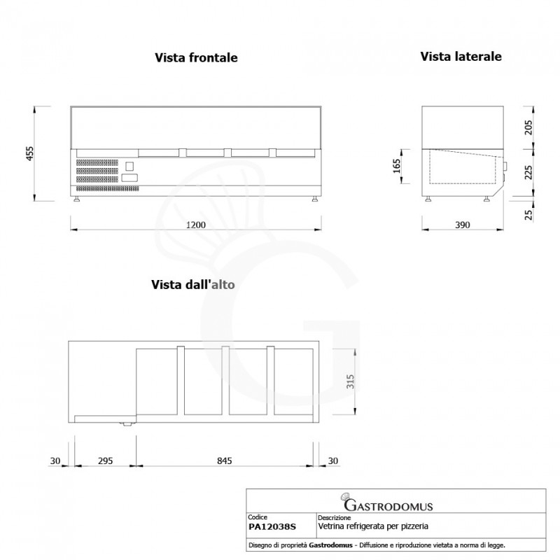 Vetrinetta refrigerata motore a sinistra L 1200 mm per 3 bacinelle GN1/3 + 1 bacinella GN1/2 - vista frontale e laterale