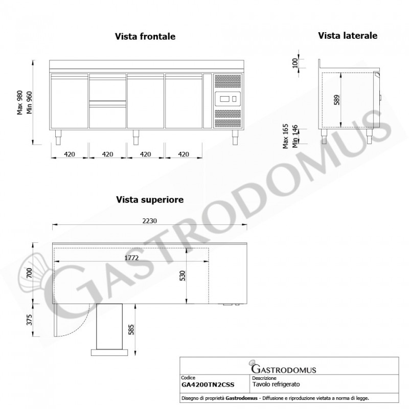 Tavolo Refrigerato 2 cassetti 3 porte 700 mm -2°C/+8°C alzatina per Gastronomia - Vista frontale e laterale