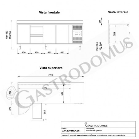 Tavolo Refrigerato 2 cassetti 3 porte 700 mm -2°C/+8°C alzatina per Gastronomia - Vista frontale e laterale Tavolo Refrigerato 2 cassetti 3 porte 700 mm -2°C/+8°C alzatina per Gastronomia - Vista frontale e laterale